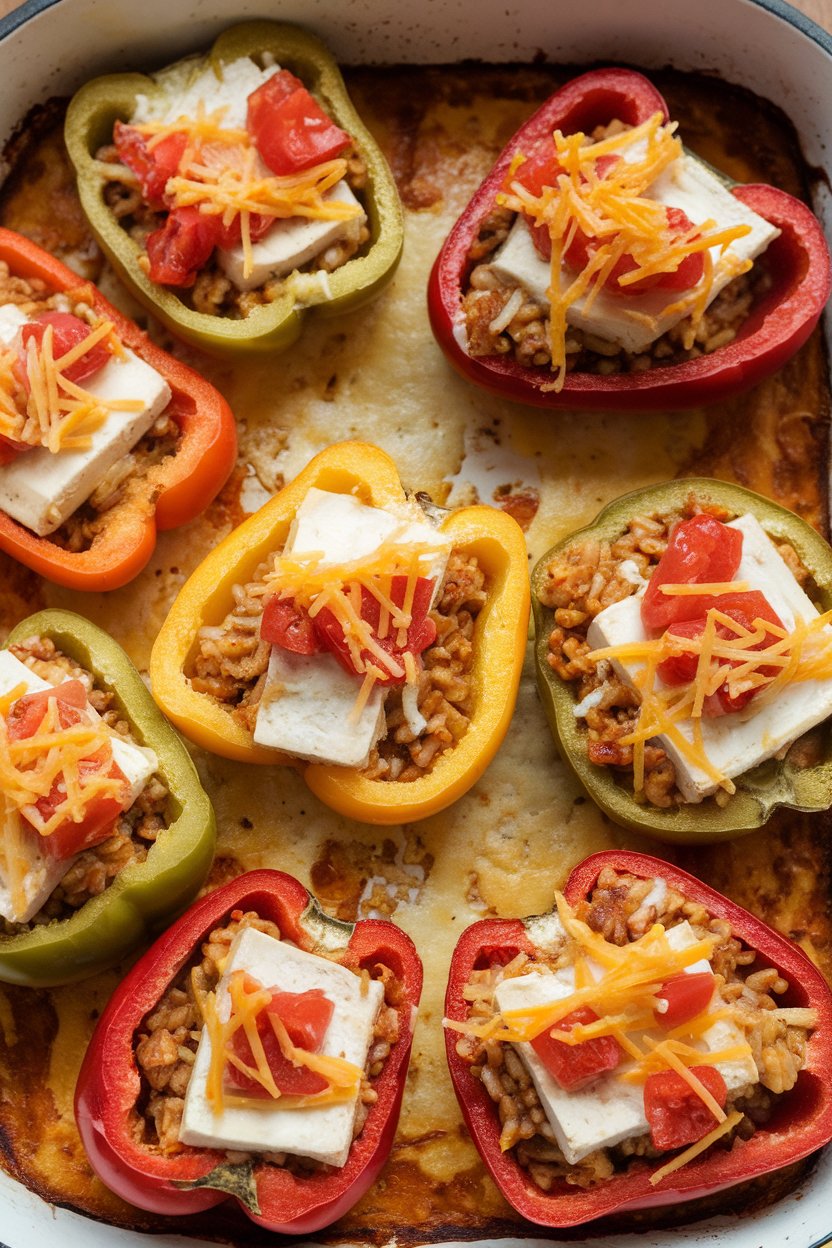 An indoor scene of halved bell peppers in a baking dish, stuffed with tofu, brown rice, and diced tomatoes, cheese lightly melted on top. No logos. Photo.