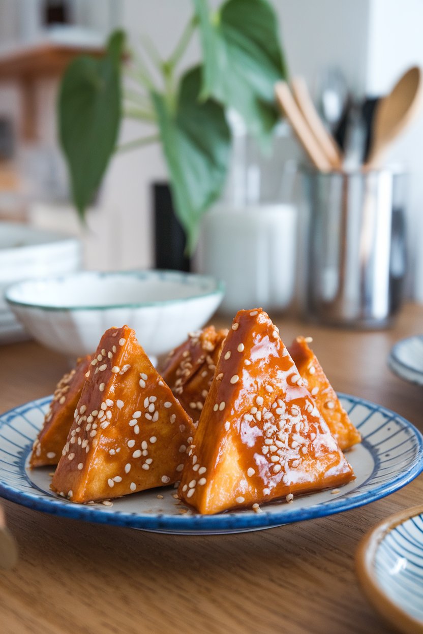Indoor dining table featuring triangular tofu pieces coated in a shiny teriyaki glaze, sesame seeds sprinkled on top. No text or logos; photo.