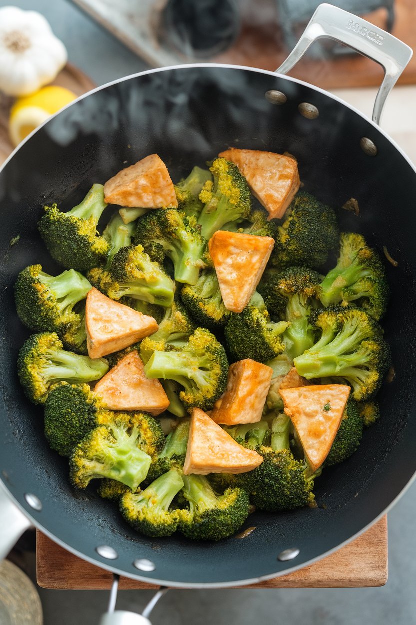 Overhead indoor shot of a wok filled with bright broccoli florets and tofu triangles coated in a glossy lemon-garlic sauce. Steam visible, cookware unbranded. Photo.