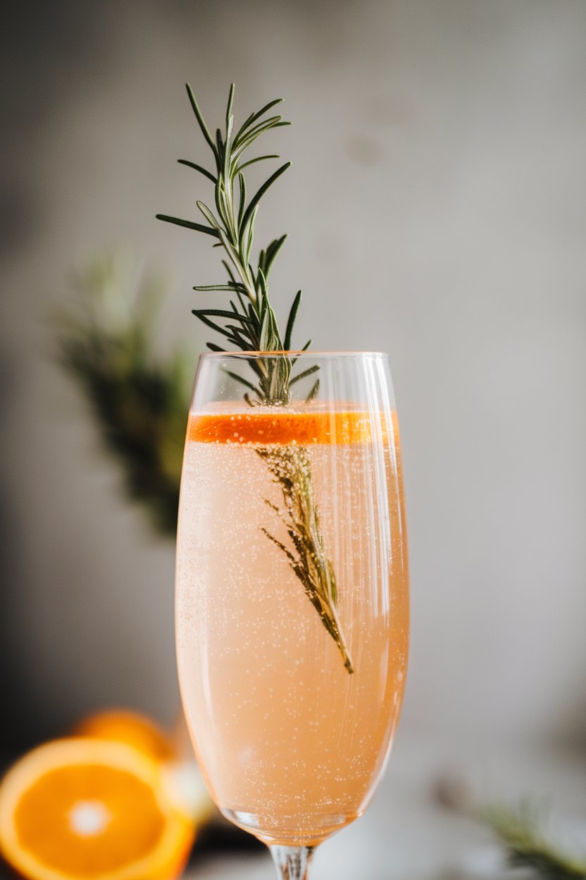 Indoor photo highlighting a flute of pale orange rosemary citrus sparkler, tiny bubbles rising, and a single rosemary stem standing tall. No text or logos.