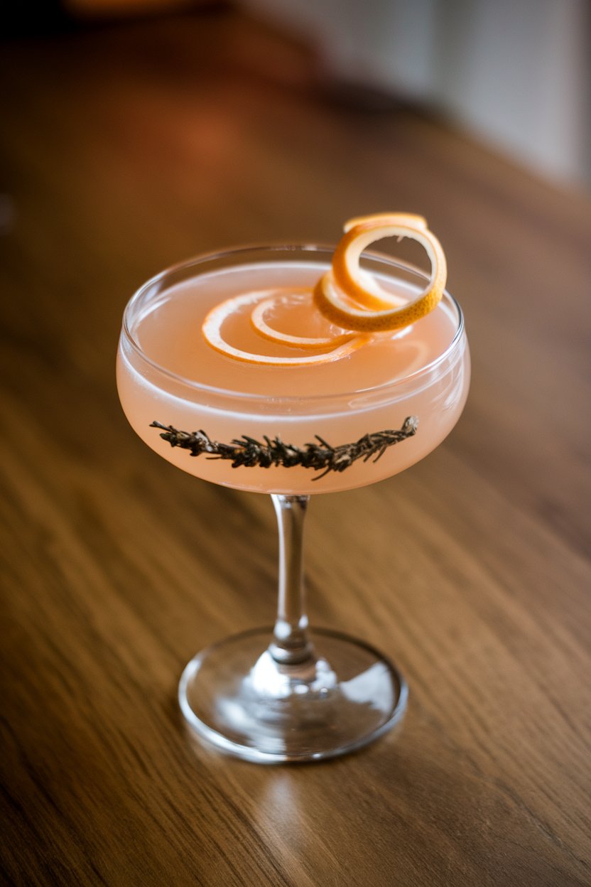 Indoor photo of a coupe glass featuring pale grapefruit cooler, tiny juniper berries at bottom, grapefruit peel spiral. No text or logos.