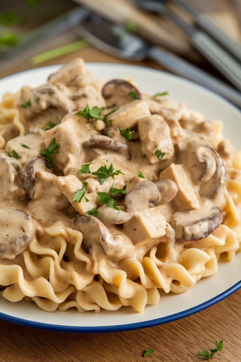 Indoor plate of whole-wheat egg noodles smothered in creamy mushroom-tofu stroganoff, parsley sprinkled on top. Photo.