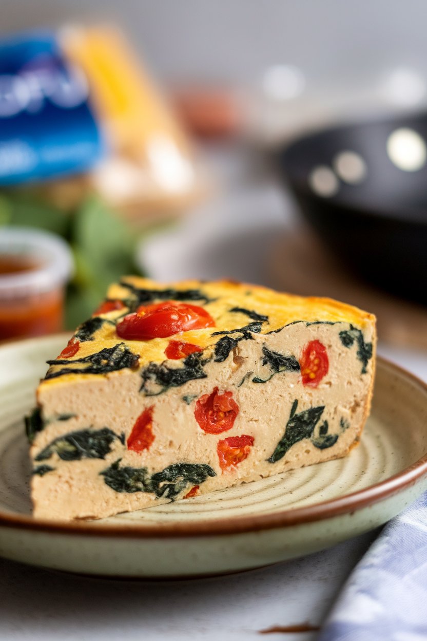 Close-up indoor shot of a wedge of tofu-based frittata studded with spinach and cherry tomatoes, resting on a ceramic plate. Photo; no logos.
