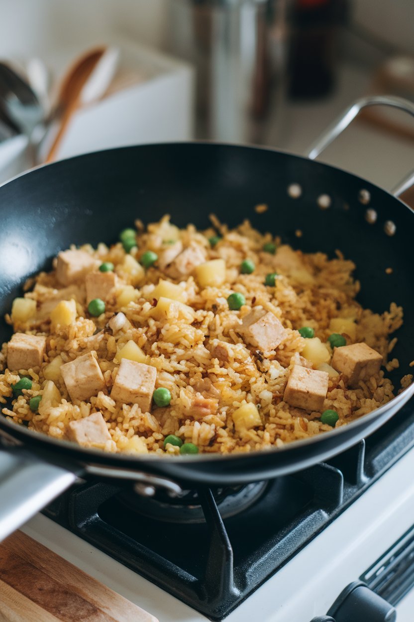 A wok on an indoor stove containing golden fried rice with tofu cubes, pineapple bits, and peas. Soft lighting, no text or logos. Photo.