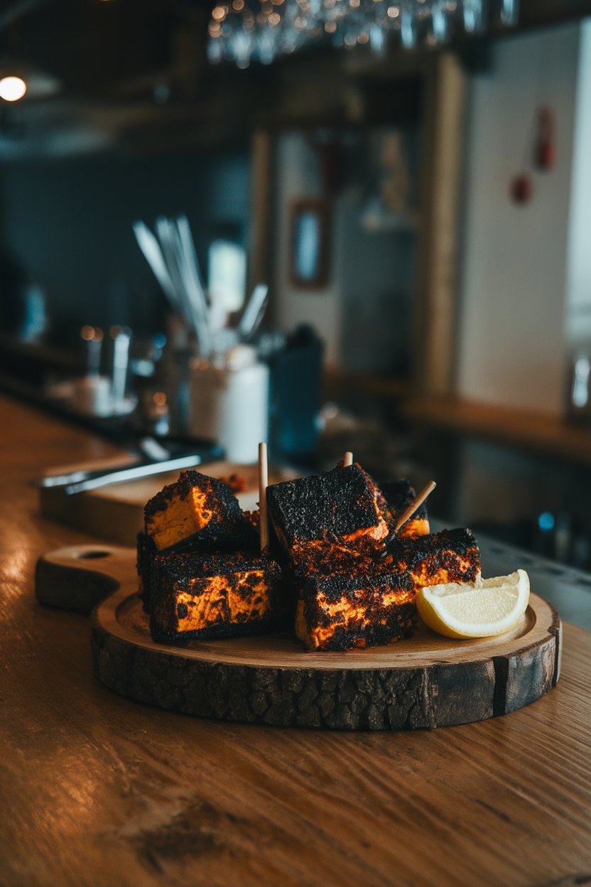 Indoor rustic bar counter with dark, heavily spiced tofu bites reminiscent of blackened fish, lemon wedge accent. No text or logos; photo.