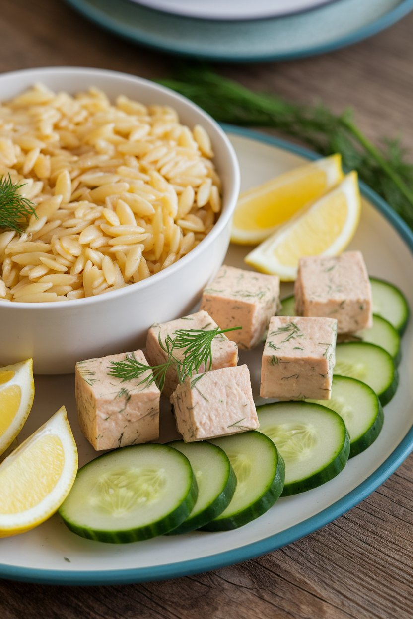Indoor summer lunch plate of orzo pasta, dill-speckled tofu cubes, cucumber half-moons, and lemon wedges. No text or logos; photo.