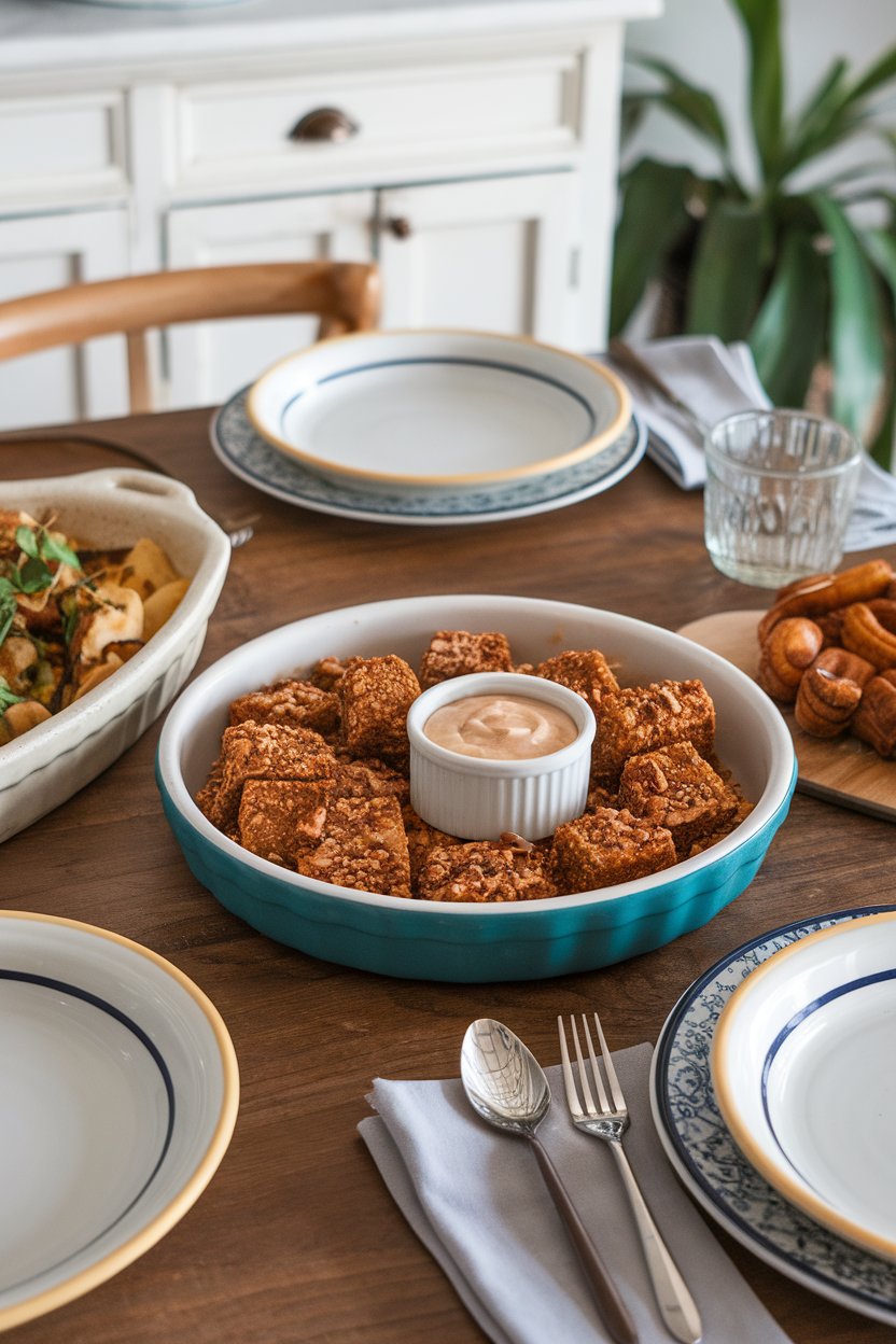 Indoor southern kitchen table with tofu nuggets coated in crushed pecans, maple dip in small ramekin. No text or logos; photo.