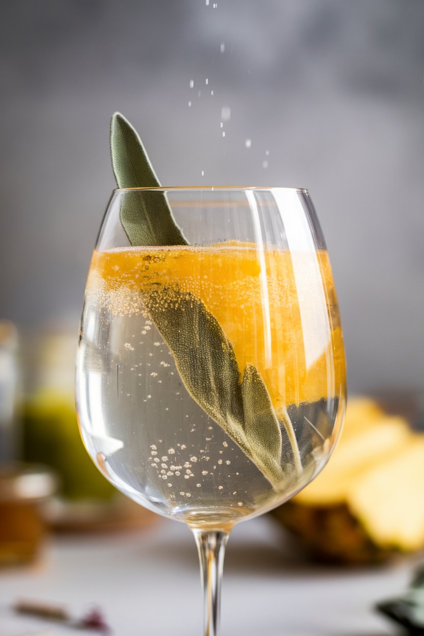Indoor photo of a stemless wine glass with golden pineapple shrub, bubbles rising, single sage leaf floating. No text or logos.