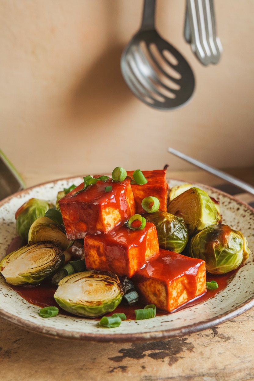 Photo of halved Brussels sprouts and tofu glazed in a reddish maple-sriracha sauce on a rustic plate indoors. No logos or text.