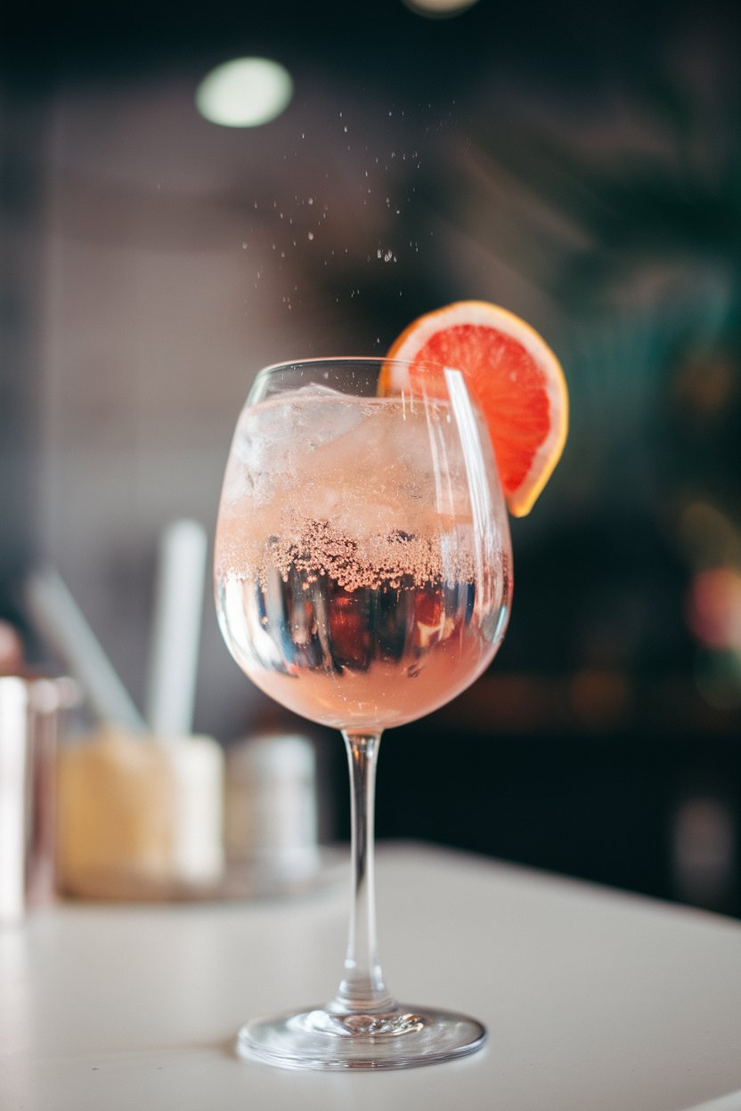 Indoor photo of a wine glass half-filled with pale blush elderflower spritz, grapefruit twist hanging on rim, effervescent rise. No text or logos.
