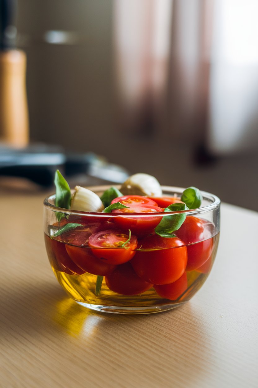 A small glass bowl on an indoor table filled with halved cherry tomatoes soaking in olive oil, garlic, and basil. Photo, not illustration. No text or logos present.