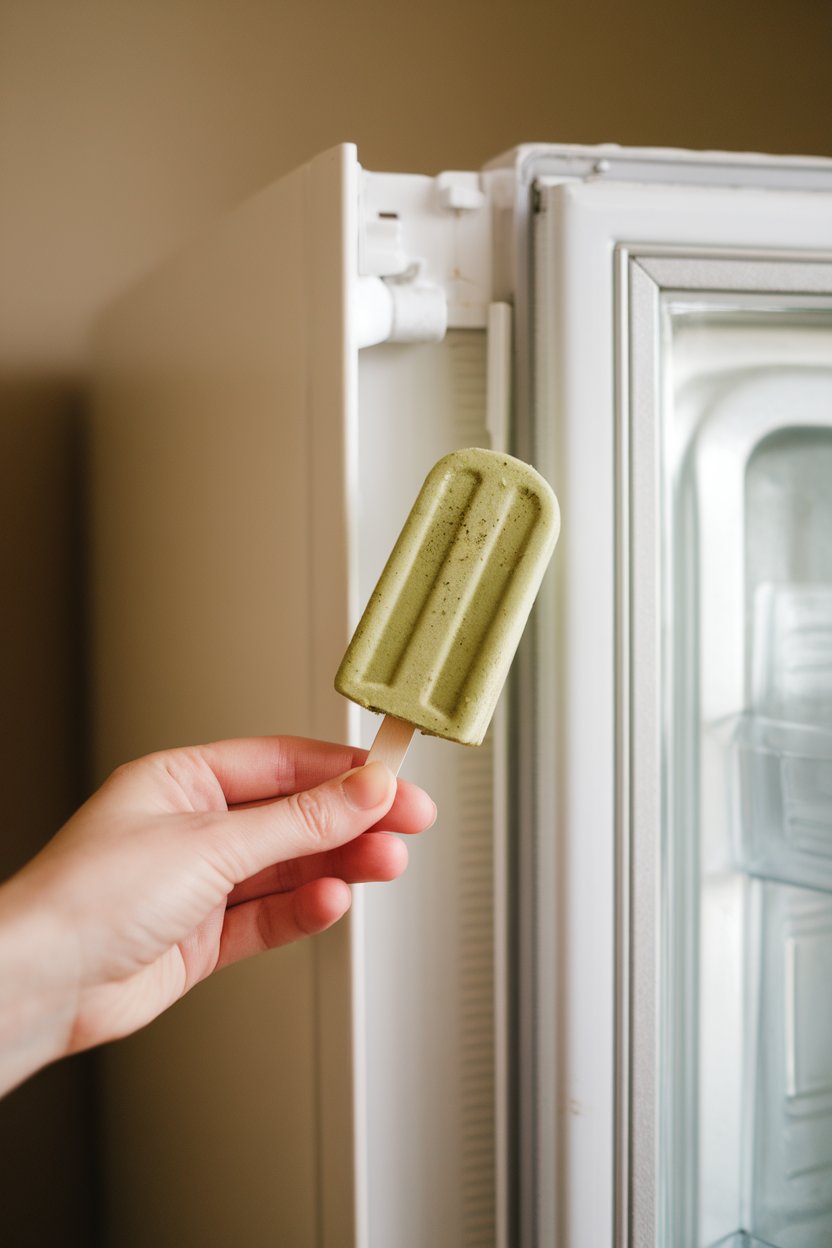 Indoor freezer-door view of hand holding a green matcha-coconut ice pop, no labels on mold or stick. Photo only.