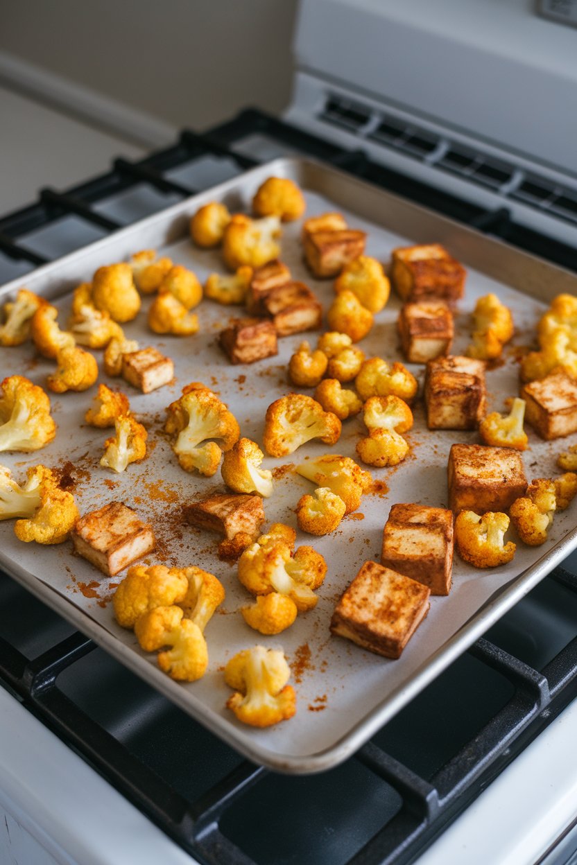 Sheet pan on an indoor stove covered with turmeric-spiced cauliflower florets and tofu squares, just out of the oven. Photo; no branding.