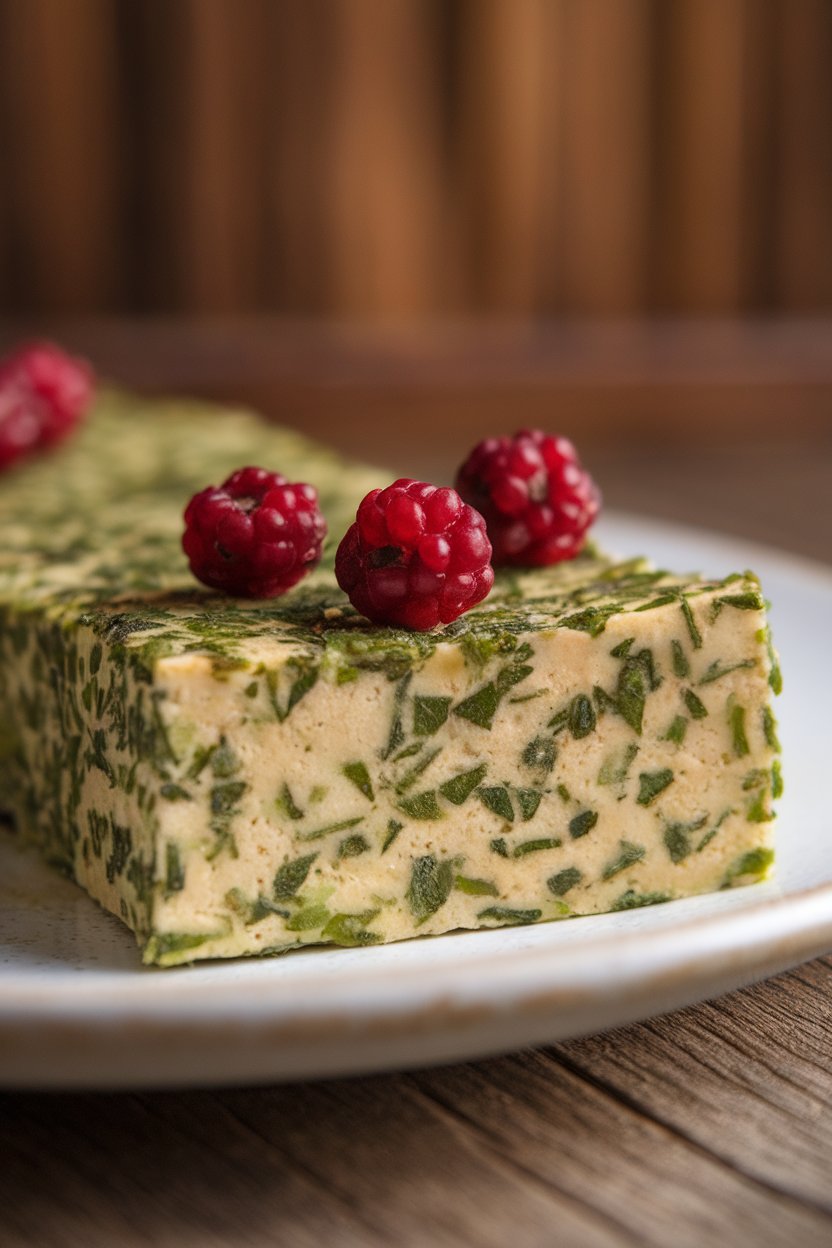 Indoor close-up of a slice of green herb-packed tofu kuku (frittata) with barberries on top. Photo only.