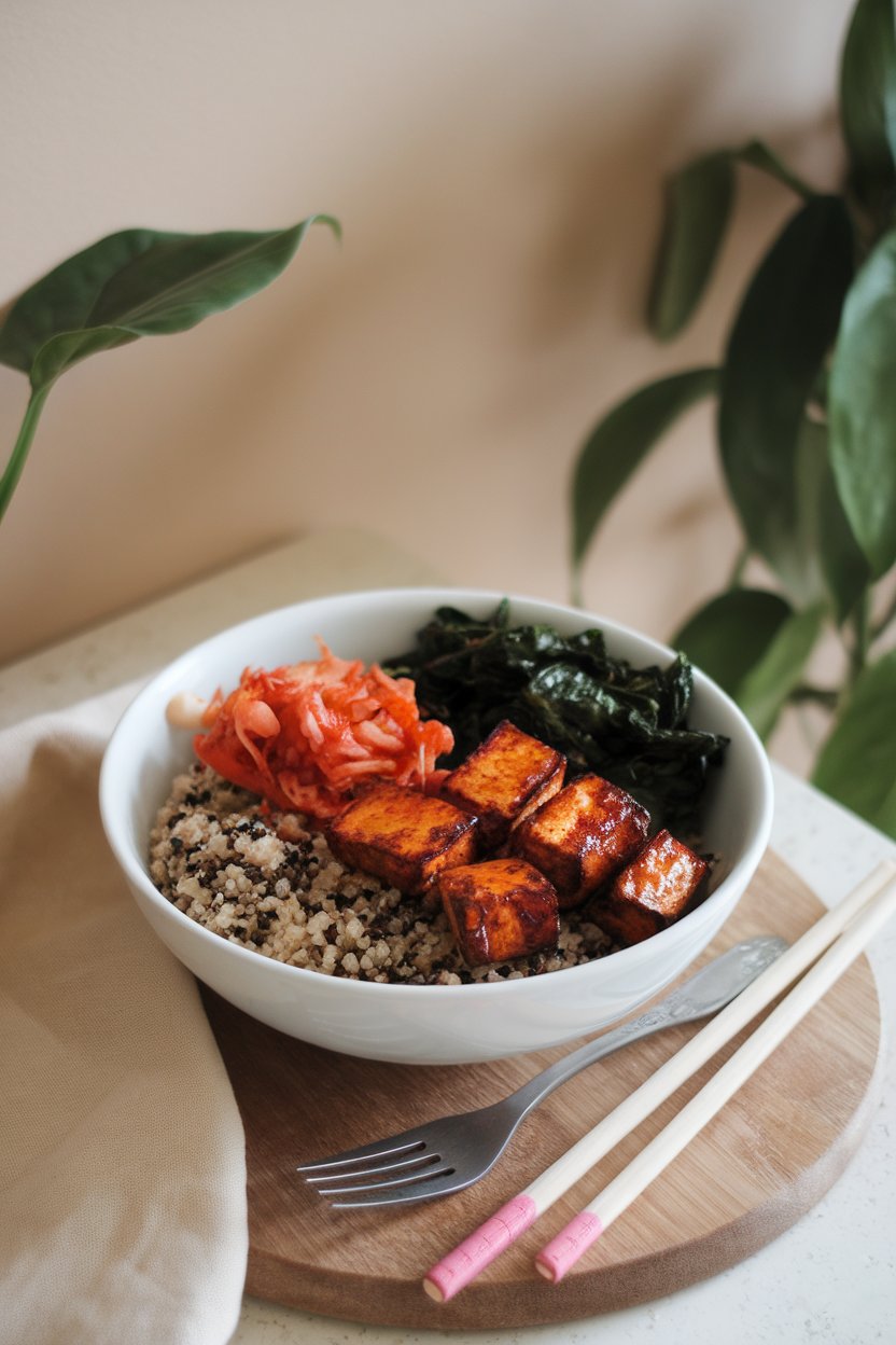 Indoor photo of a grain bowl with quinoa, roasted gochujang-glazed tofu, kimchi, and sautéed spinach. No logos.