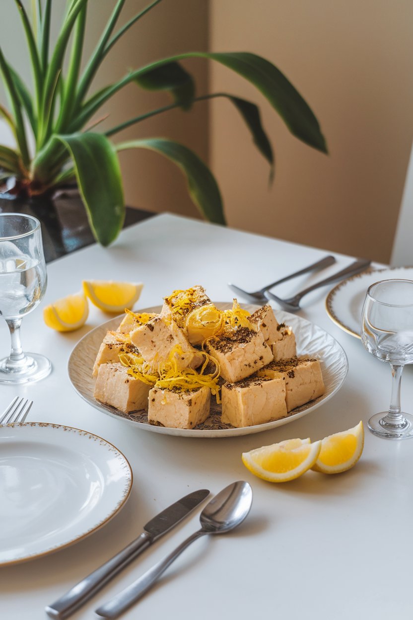 A bright indoor dining table with a plate of crisp tofu cubes coated in cracked black pepper and lemon zest, lemon wedges on the side. No text or logos; photo only.