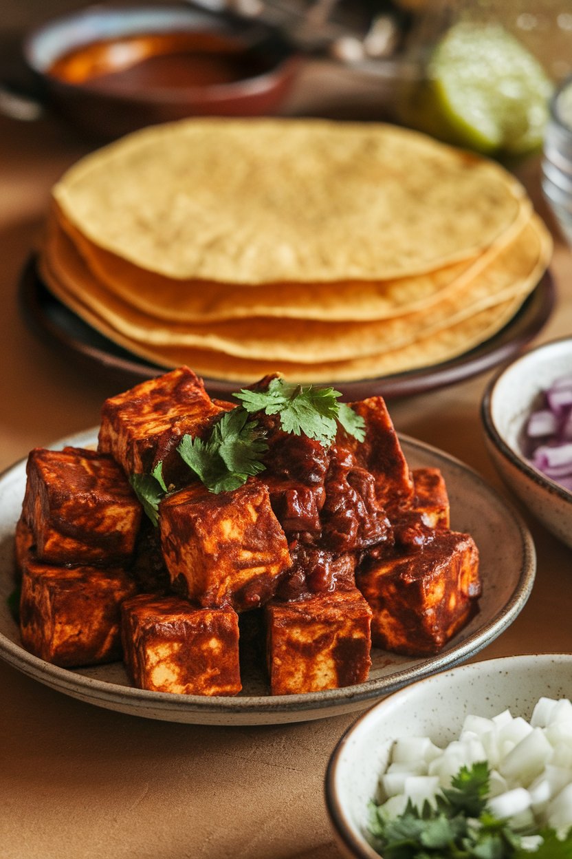 Indoor taco night scene with tofu cubes coated in dark chipotle adobo sauce, corn tortillas stacked behind. No text or logos; photo.