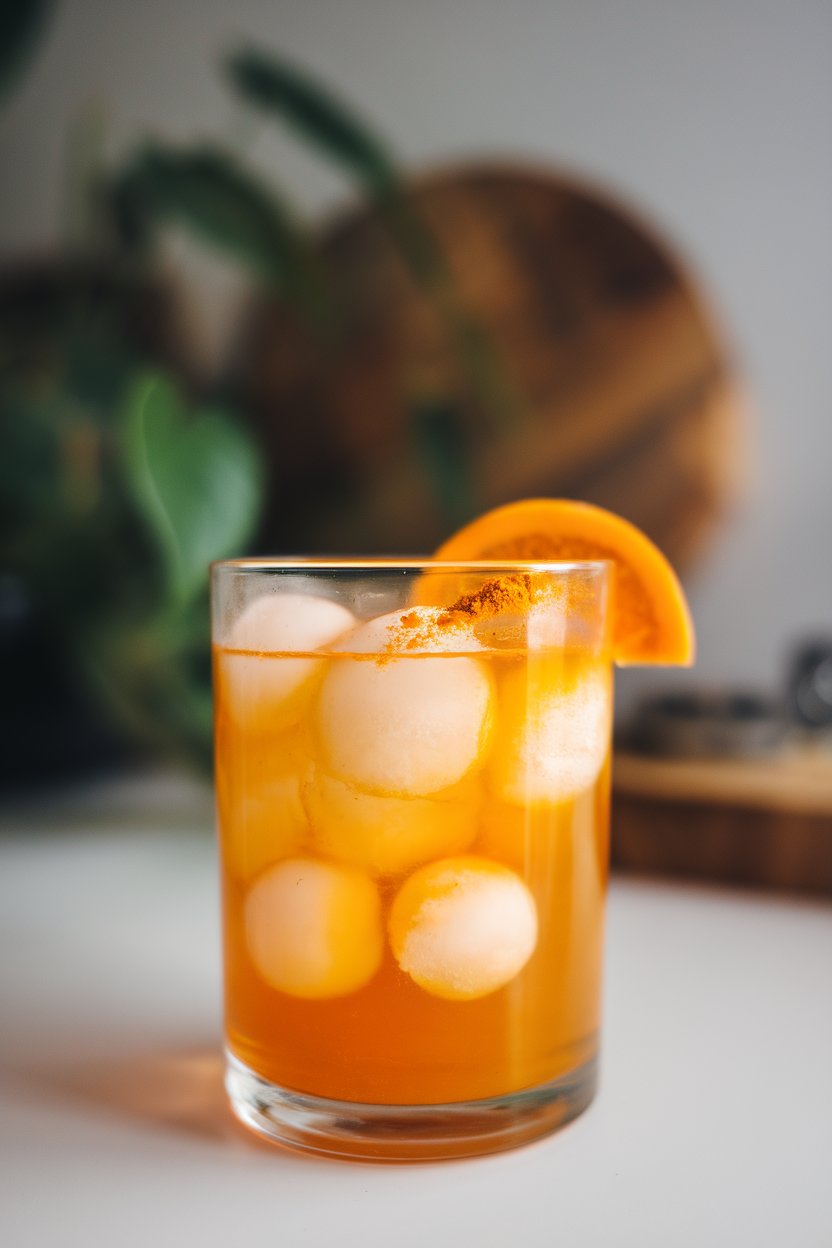Indoor photo of a clear tumbler containing bright orange turmeric tonic, ice spheres, thin orange half-moon, pinch of ground turmeric dusted on surface. No text or logos.
