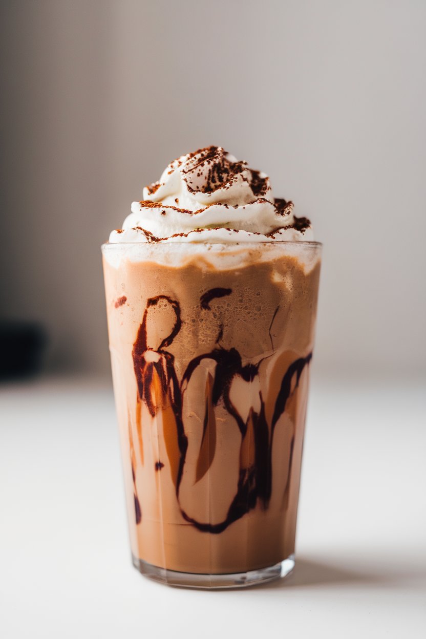 Photo of an indoor tall glass of iced mocha frappe, whipped topping swirling upward. No text or logos. Photo, not illustration.