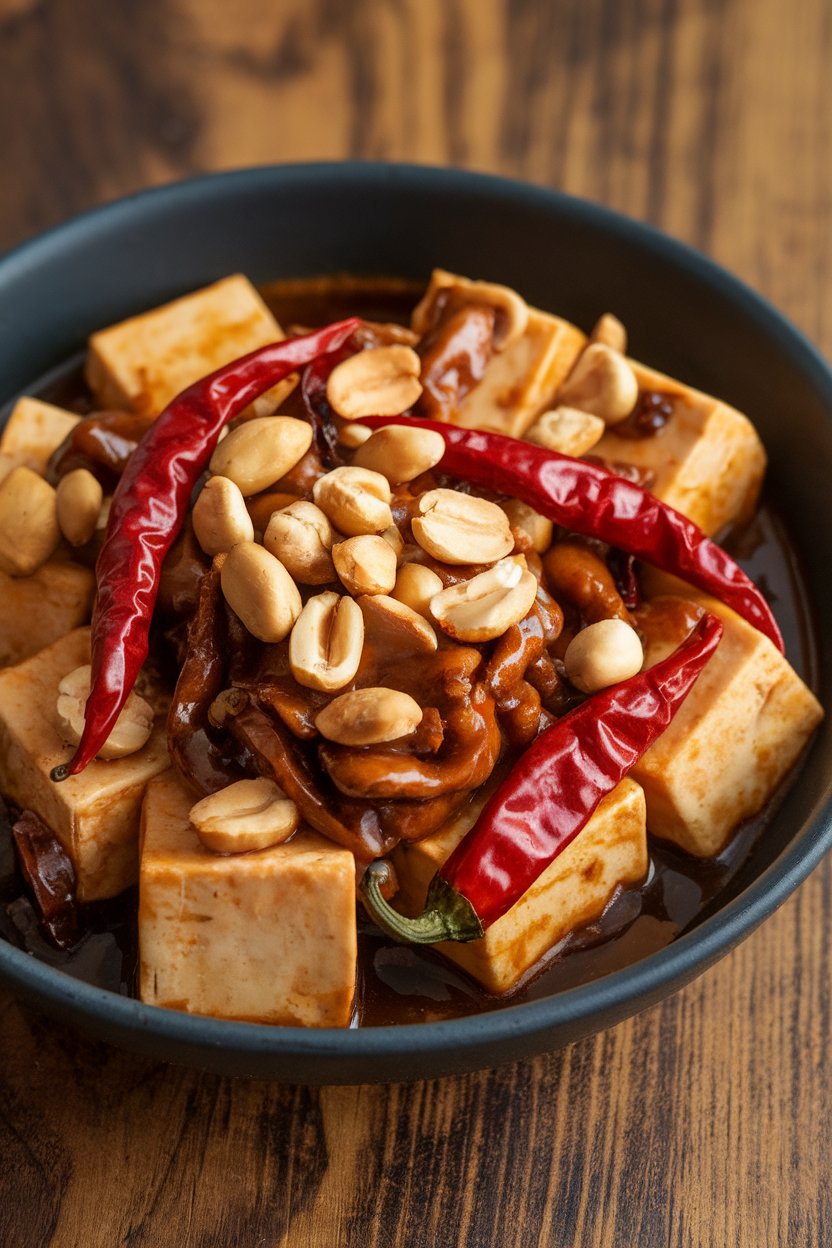 Close-up indoor shot of a bowl of kung pao tofu with dried red chiles and roasted peanuts glistening in a dark sauce. No logos or text.