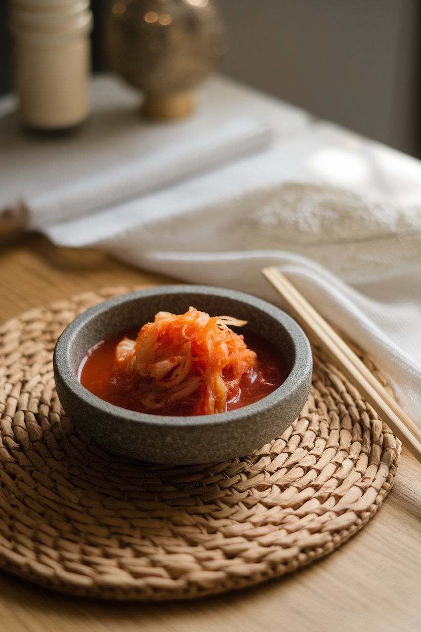 A softly lit indoor dining table with a small stoneware dish of vibrant napa cabbage kimchi, juices pooling at the bottom. Photo, not illustration. No text or logos.