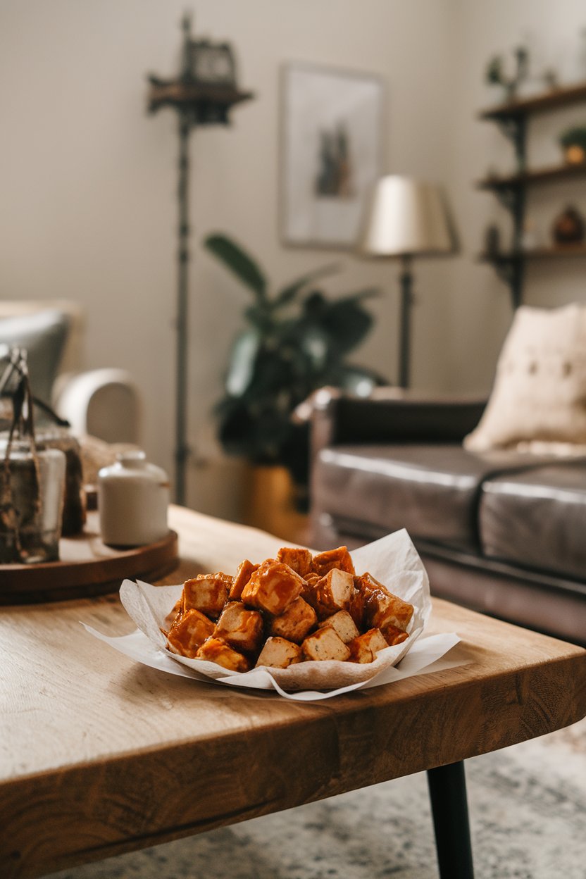 Cozy indoor living-room coffee table with a parchment cone of bite-sized tofu coated in sticky honey-sriracha glaze. No text or logos; photo.