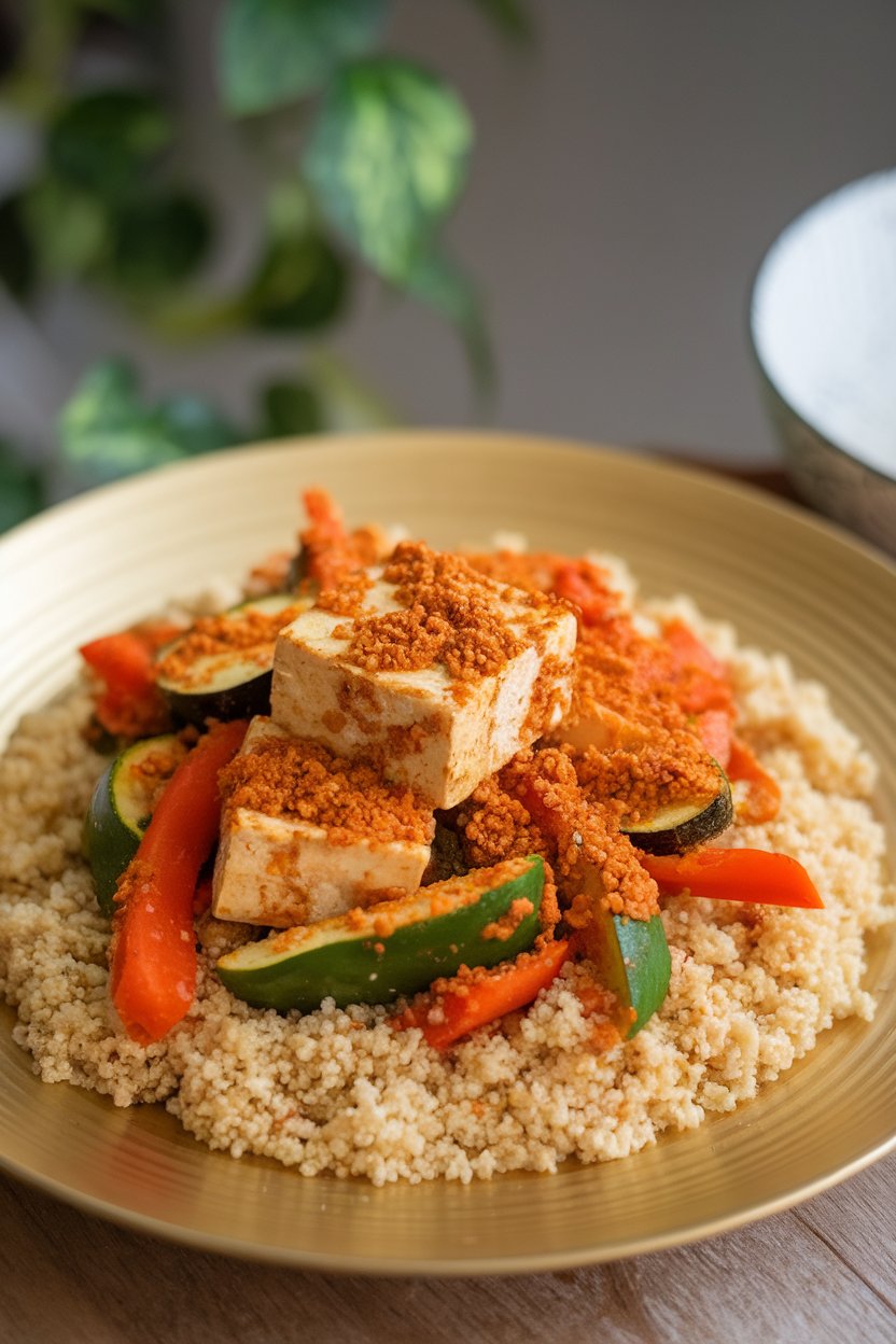 Indoor plate of tofu and mixed vegetables dusted with golden ras el hanout, served over couscous. No text or logos.