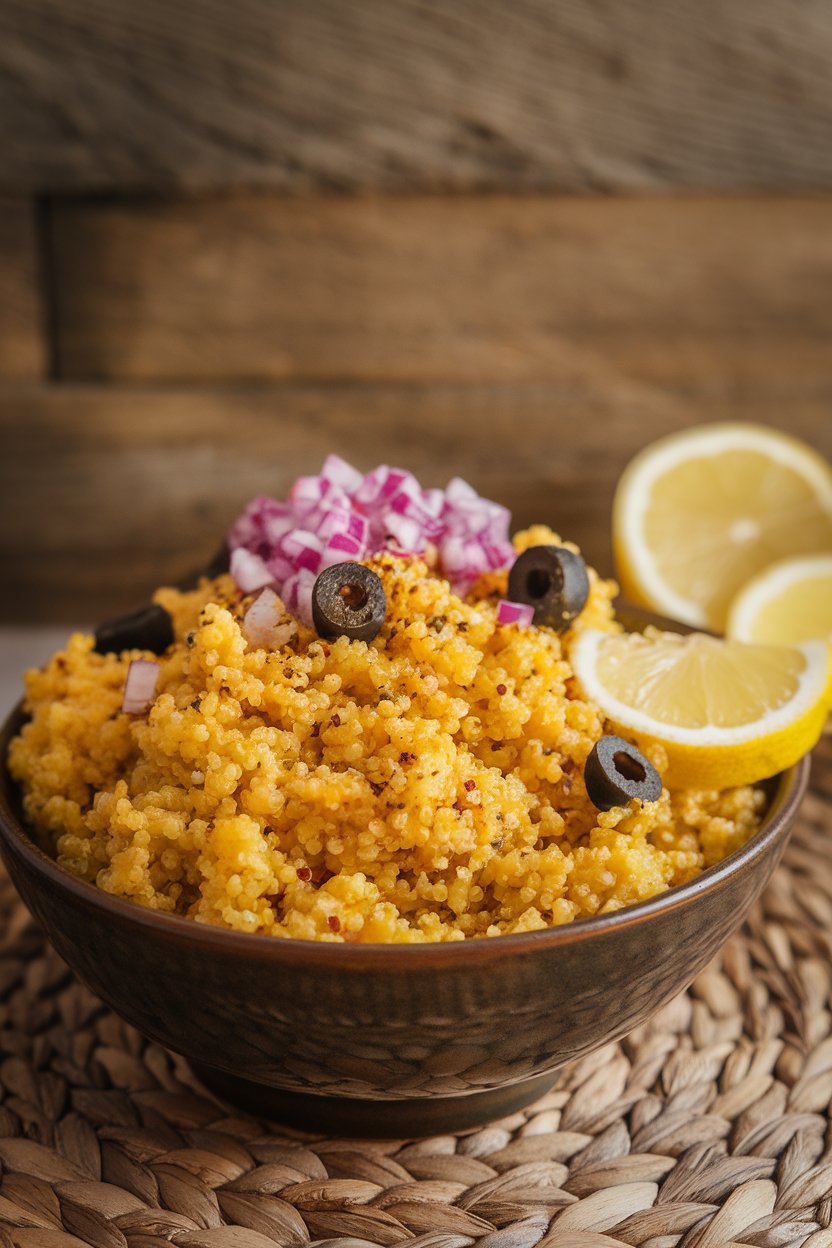 An indoor, warmly lit bowl brimming with fluffy yellow quinoa tinted with turmeric and pepper flecks. Photo, not illustration. No text or logos.