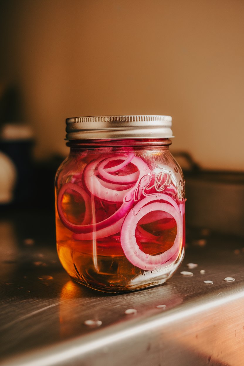 A small glass jar on an indoor counter filled with fuchsia pickled onion rings submerged in brine. Photo, not illustration. No text or logos.