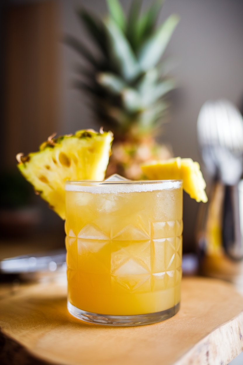 Indoor photo of a rocks glass brimming with golden pineapple ginger fizz, garnished with a pineapple wedge and a thin slice of candied ginger on the rim. No text or logos.