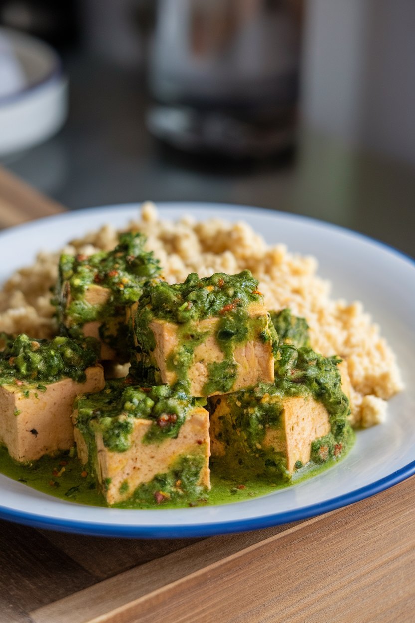 Indoor dinner plate with tofu bites coated in vibrant green chermoula herb sauce, couscous on the side. No text or logos; photo.