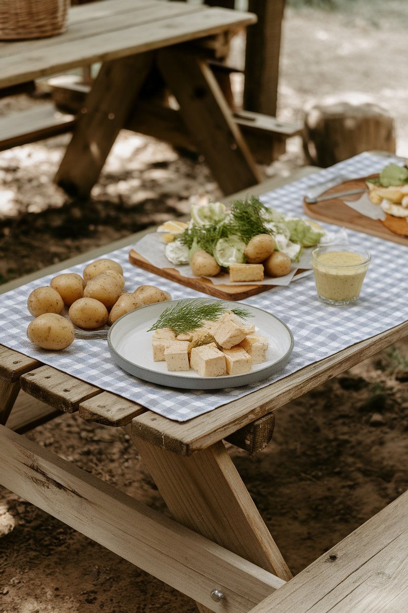 An indoor picnic table with baby potatoes, dill-infused tofu chunks, and a light mustard-lemon dressing. No text or logos; photo.