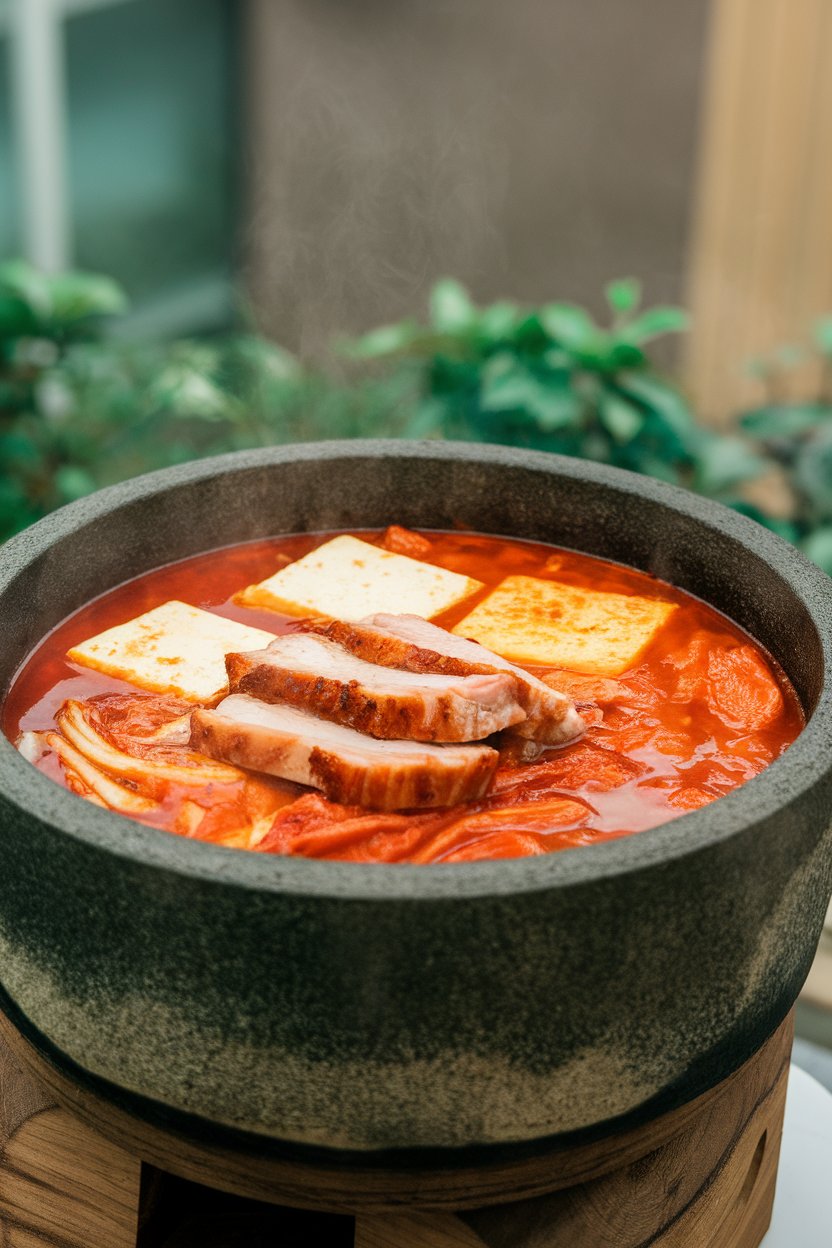 Photo of an indoor stone pot bubbling with red kimchi stew, soft tofu cushions peeking through and cooked pork belly slices on top. No text or logos. Photo, not illustration.