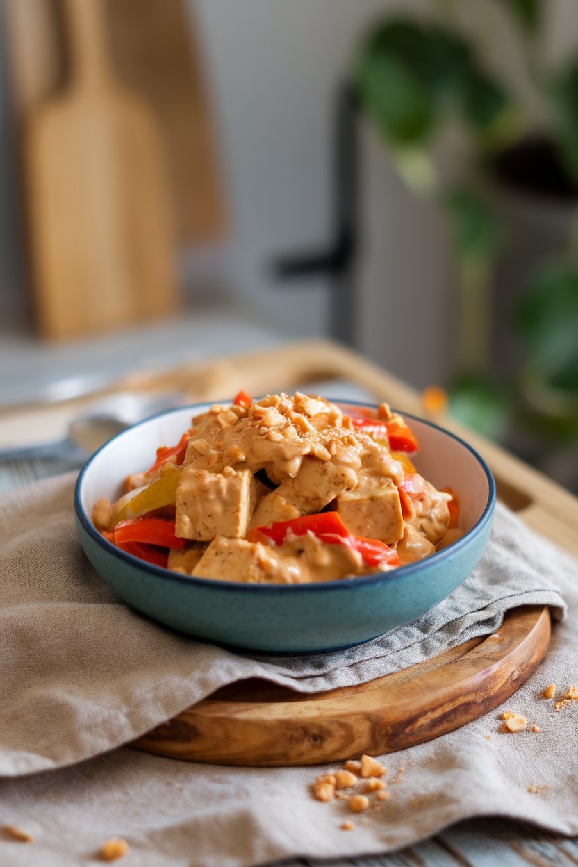 Indoor bowl of tofu, bell peppers, and carrots coated in creamy peanut sauce, topped with crushed peanuts. No text or logos.