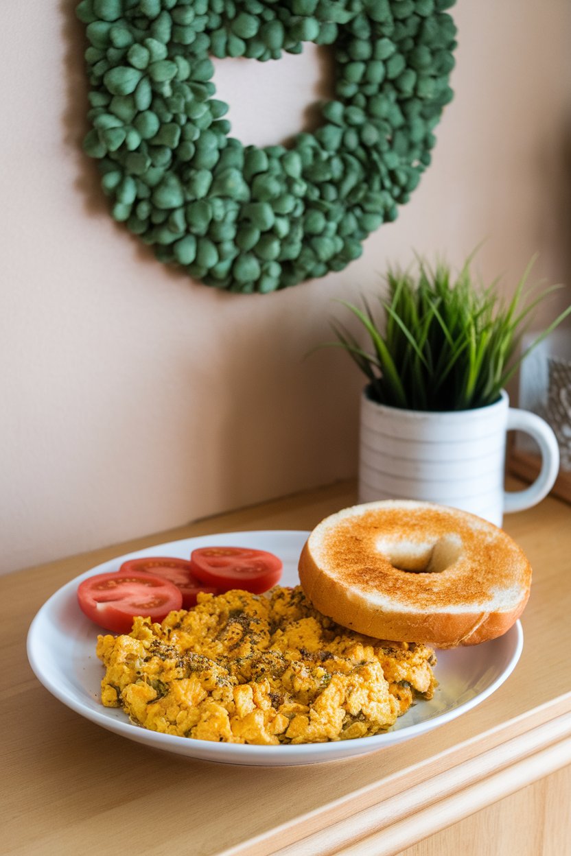Indoor breakfast bar featuring tofu scramble speckled with everything bagel seasoning, alongside sliced tomatoes and a toasted bagel half. Photo, no text or logos.