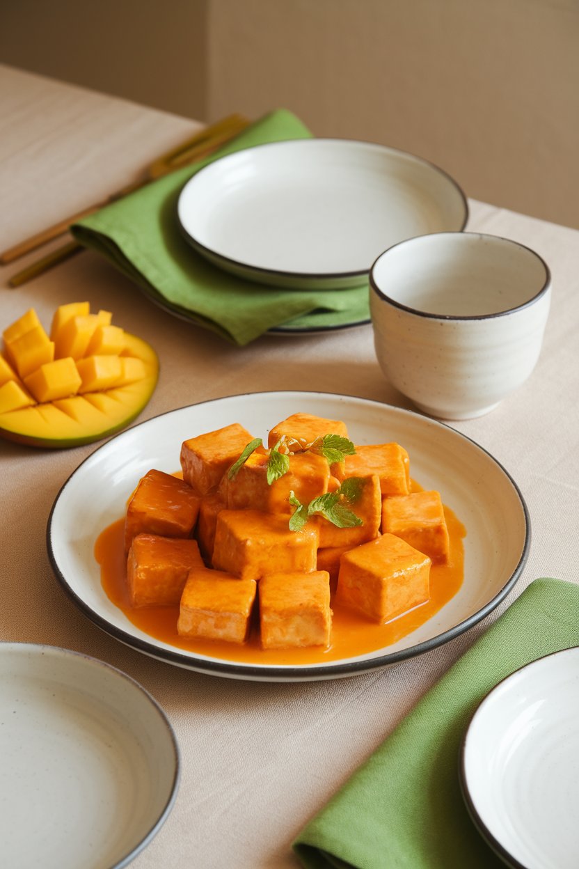 Indoor summer table with tofu cubes glazed in bright orange mango-habanero sauce, mango slices on the side. No text or logos; photo.