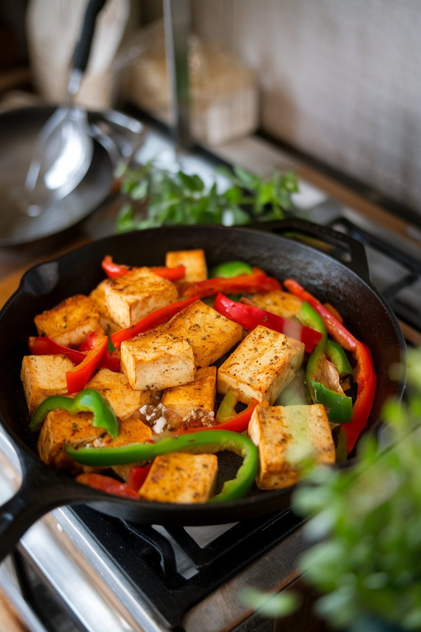Indoor photo of a cast-iron skillet holding tofu chunks and red and green bell pepper strips cloaked in a pepper-flecked glaze. Soft overhead light, no logos or text.