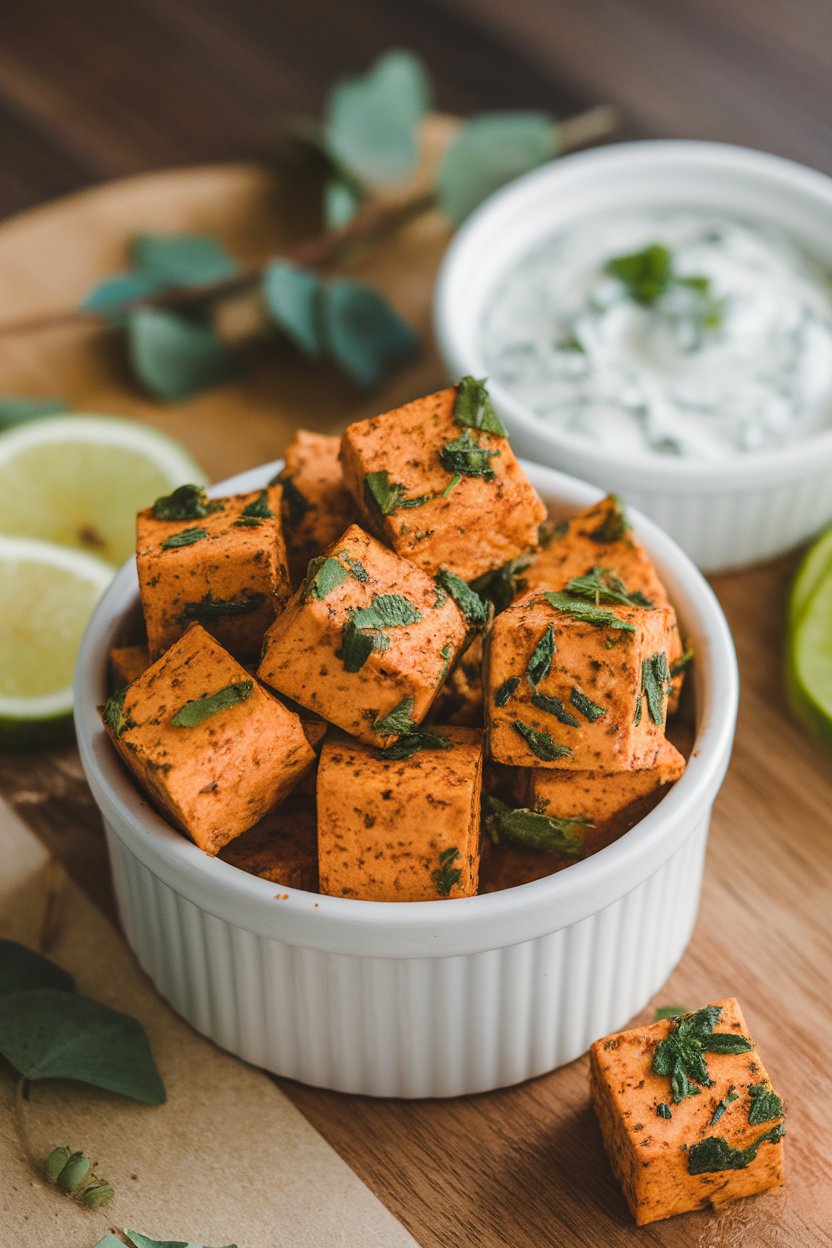 Indoor afternoon snack setting with a ramekin of ranch-spiced tofu cubes, dusted in green herb flecks, vegan ranch dip on the side. No text or logos; photo.