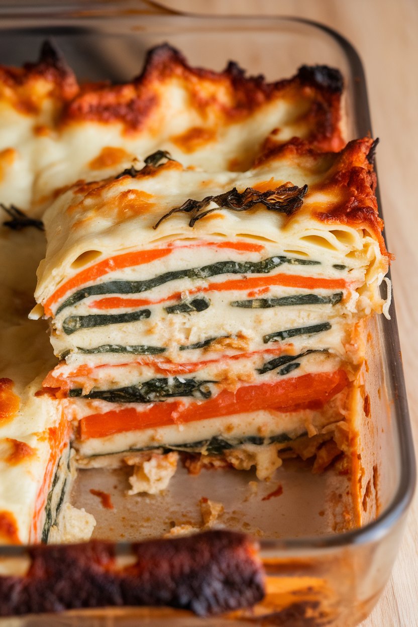 Photo of an indoor baking dish with layered lasagna slice showing vegetables and creamy white filling. No text or logos. Photo, not illustration.