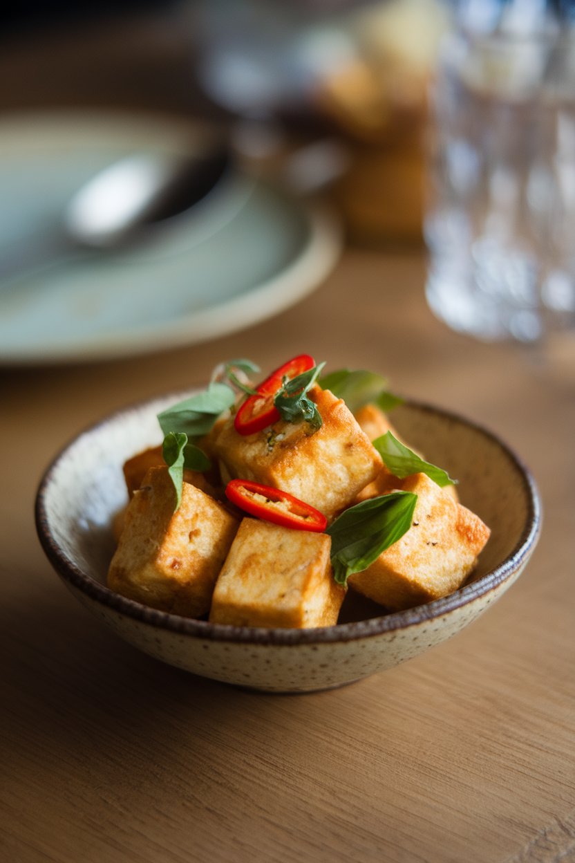 Indoor tabletop with a small bowl of air-fried tofu cubes flecked with green Thai basil pieces and red chili slices. No text or logos; photo.