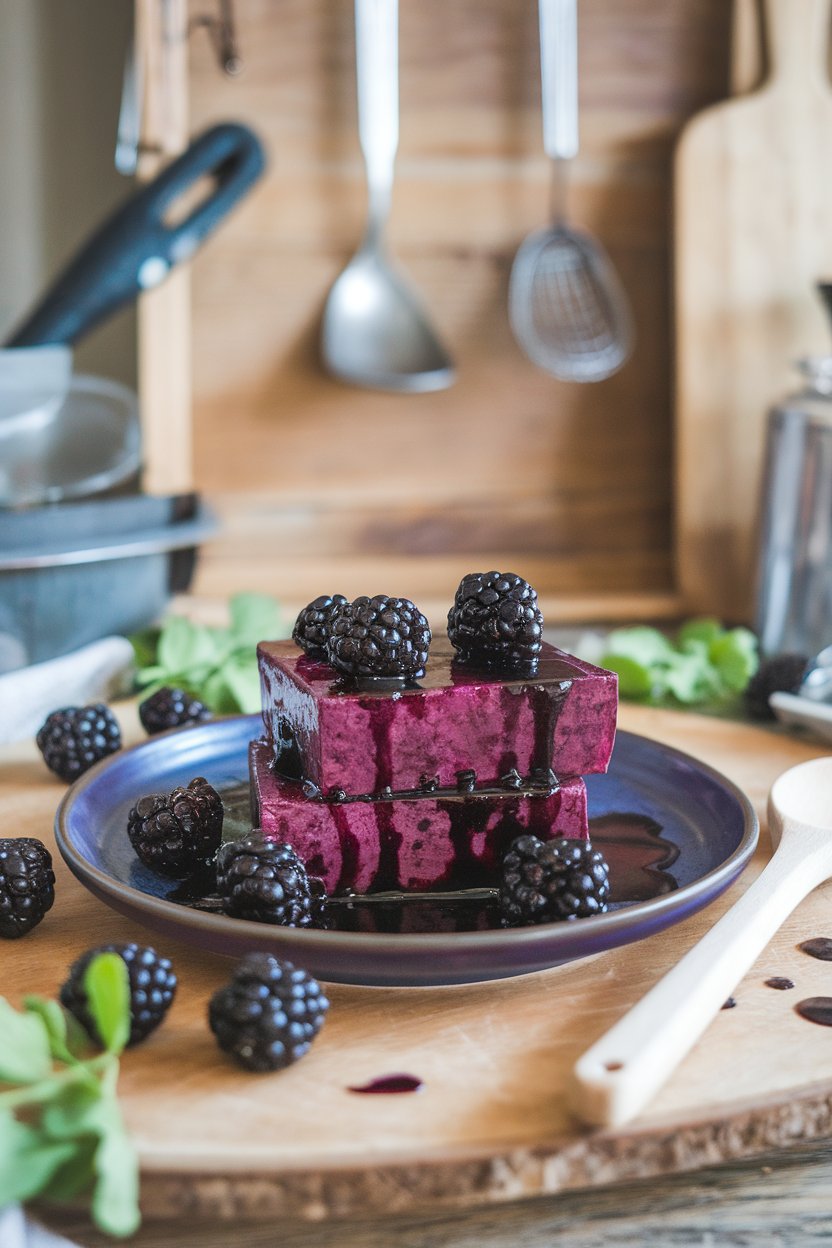 Indoor farmhouse kitchen with tofu cubes coated in deep purple blackberry glaze, fresh blackberries scattered around. No text or logos; photo.