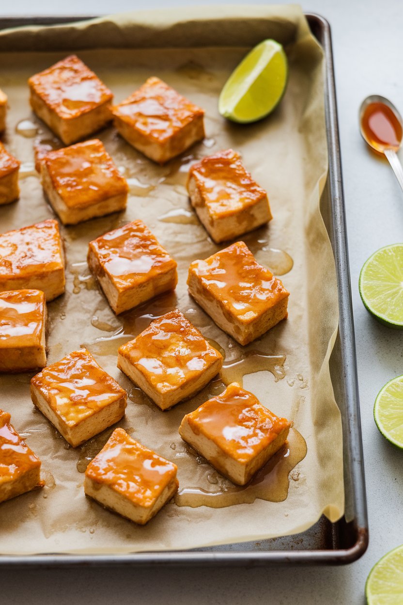 A parchment-lined indoor baking tray showing bite-size tofu nuggets coated in glossy honey-lime glaze. Photo, not illustration. No text or logos present.