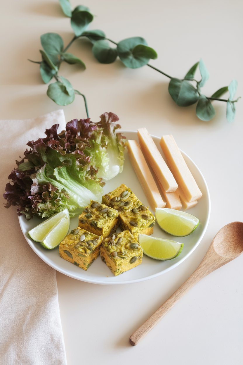 Indoor minimalist plate with baby lettuces, pumpkin seed salsa verde-coated tofu, jicama sticks, and lime wedges. No text or logos; photo.