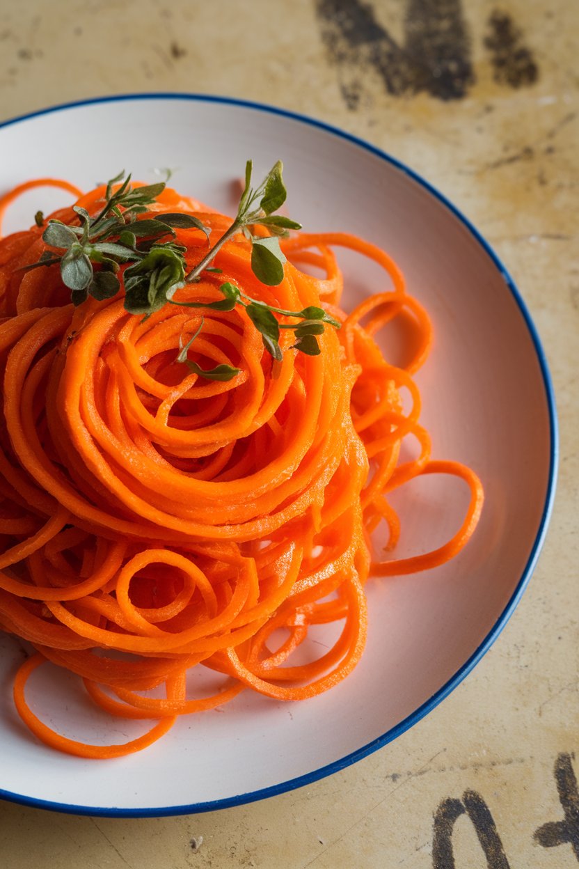 An indoor plate twirled high with bright orange spiralized carrot noodles, lightly glistening. Photo, not illustration. No text or logos.