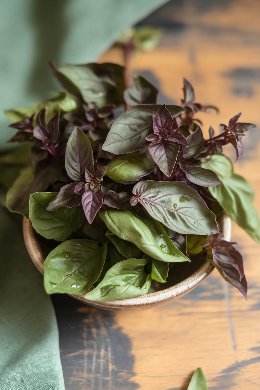 A small indoor bowl overflowing with fresh Thai basil leaves, purple stems contrasting green foliage. Photo, not illustration. No text or logos visible.