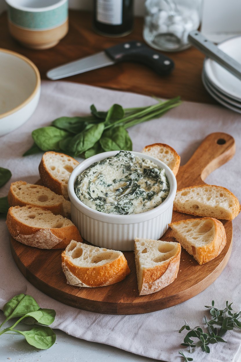 Photo of an indoor ramekin of spinach dip surrounded by toasted baguette slices. No text or logos. Photo, not illustration.