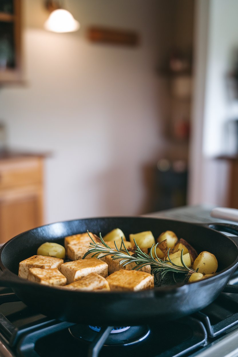 Indoor stovetop photo of a cast-iron skillet with golden tofu cubes, roasted baby potatoes, and rosemary sprigs. No text or logos. Photo.