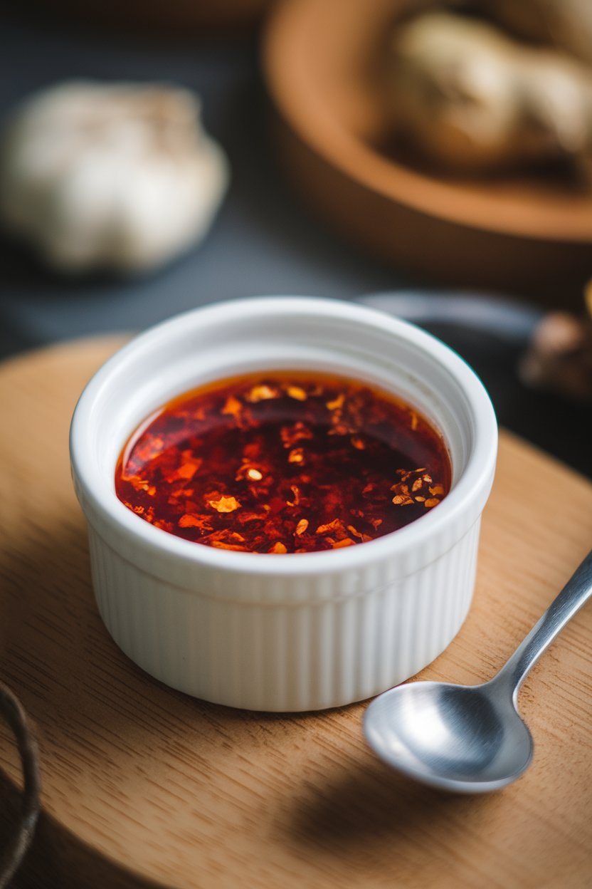 An indoor ramekin of deep-red chili oil with visible pepper flakes suspended, a small spoon resting beside it. Photo, not illustration. No text or logos.