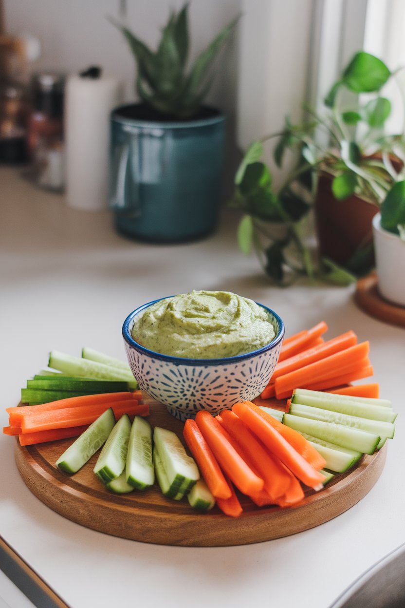 Indoor countertop featuring a small bowl of creamy green edamame-tofu dip, with sliced veggie sticks around it. Photo, no brands.