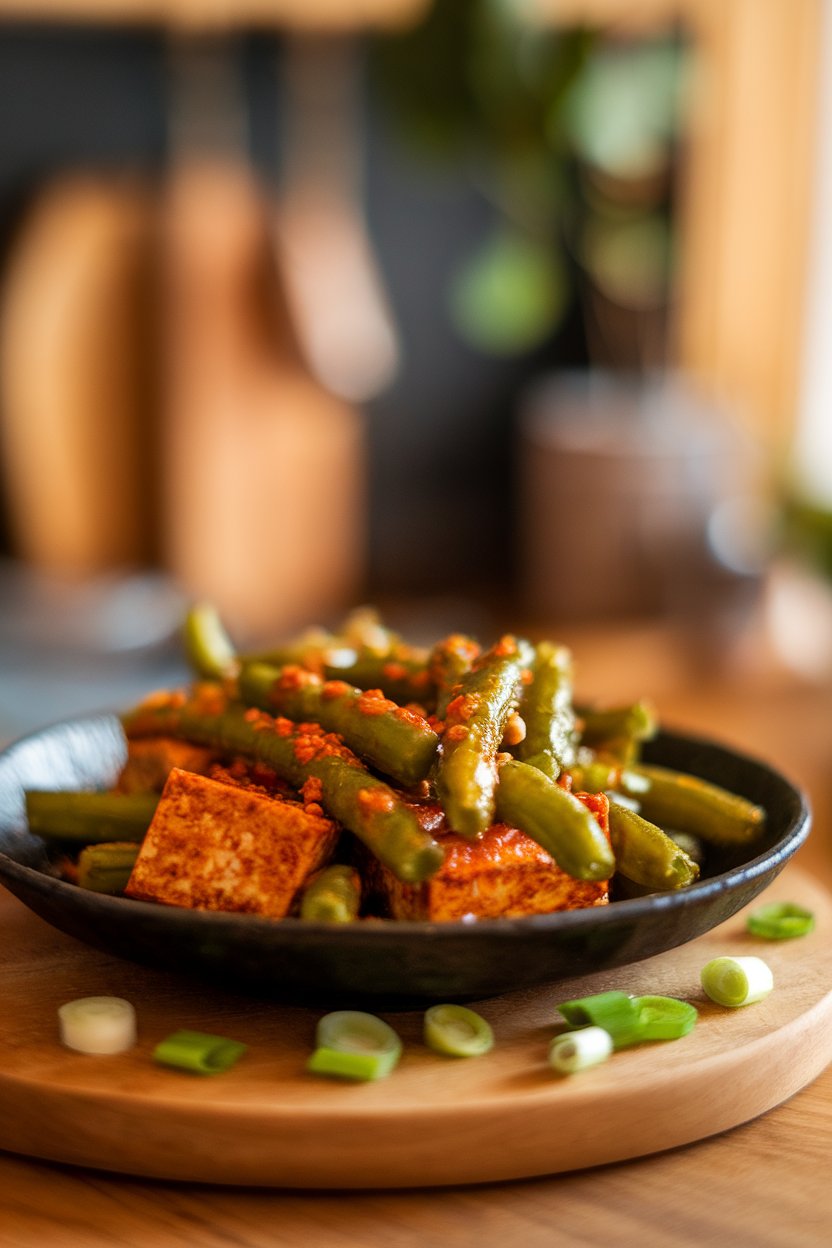 Photo of a shallow black dish holding blistered green beans and tofu coated in a spicy red oil. Indoor lighting; no logos or text.
